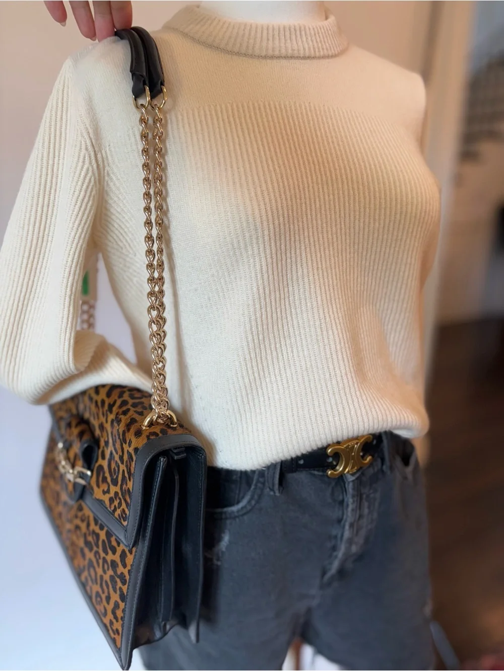 Italian Leather & Leopard Calf Hair Shoulder Bag with Gold Chain
